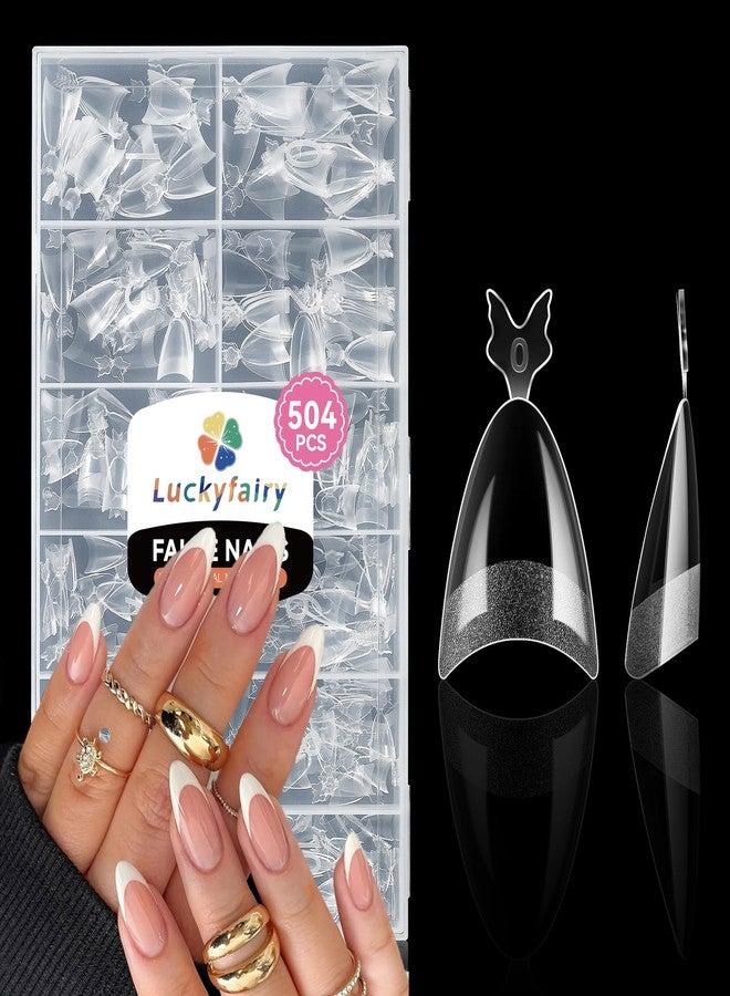 Luckyfairy أطراف أظافر لاكي فيري اللوزية، 504 قطعة، أطراف أظافر صناعية نصفية التغطية محفورة مسبقًا، 12 مقاسًا، شكل لوزي متوسط، أظافر جل شفافة ناعمة طبيعية قابلة للضغط، مناسبة للاستخدام المنزلي - Image 1